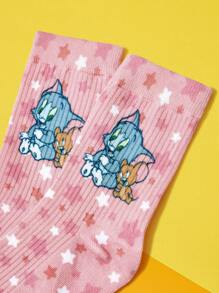 TOM & JERRY X SHEIN 1 pereche de șosete roz drăguțe cu stele desenate până la jumătatea gambei