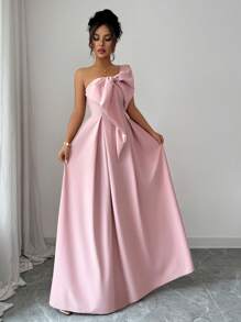 Elenzga Vestido asimétrico elegante y romántico con lazo en la cintura y corte evasé para mujeres - Rosa - Ver 3