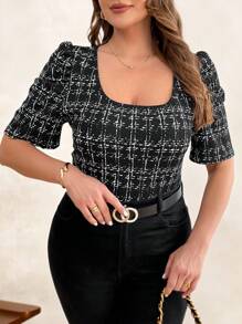 Chikora Curvy Plus Size Women's Business Commuting Retro Elegant Plaid Lapel Puff Sleeve Casual Knitted T-Shirt,Summer Outfits For Women,Business Casual Woman, Office Outfits For Women, Casual Office Outfits Women, Women Office Clothes,Work Clothes Women,Old Money Style Women,Spring Outfits For Women,Vacation,Spring Break,Going Out Outfits,Classy,Modest, - Black - View 4