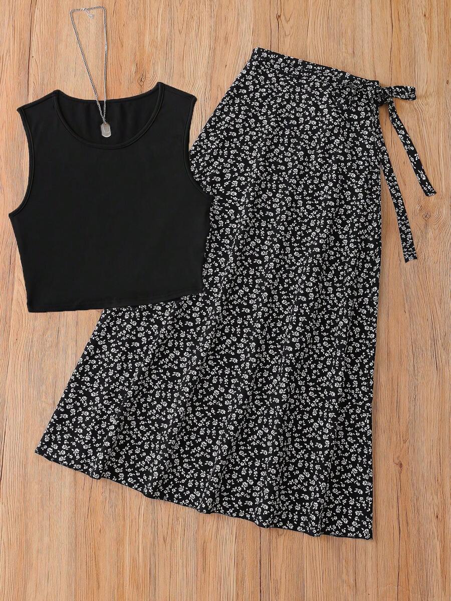 SHEIN Unity Setelan 2 Potong Musim Semi/Panas Terbaru Motif Vintage Elegan Prancis, Atasan Crop Warna Polos yang Menonjolkan Pinggang dan Rok Midi Model A-Line, Nuansa Seksi - Hitam - View 1