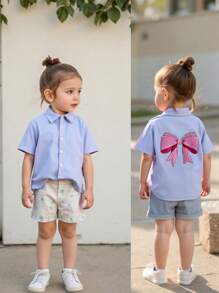 SHEIN 小女孩运动衫衬衫夹克，春秋季新款时尚儿童服装，粉色衬衫，时尚幼儿 - 藍色 - 查看 3