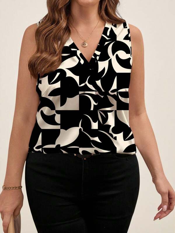 Chikora Plus Size Women Casual Geometric Patchwork V-Neck Sleeveless Blouse, Summer