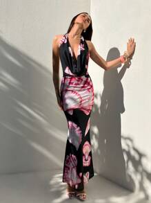 Aloruh Vestido largo de mujer con escote pronunciado, estampado de océano y bajo de cola de sirena, para vacaciones elegantes y sexys. Vestidos de verano para mujer, vestidos de playa, atuendos de vacaciones