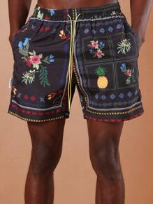 SUMWON 夏威夷花卉印花泳裤热带海滩度假夏季泳池派对菠萝图案运动沙滩短裤冲浪短裤抽绳休闲服 - 彩色 - 查看 6