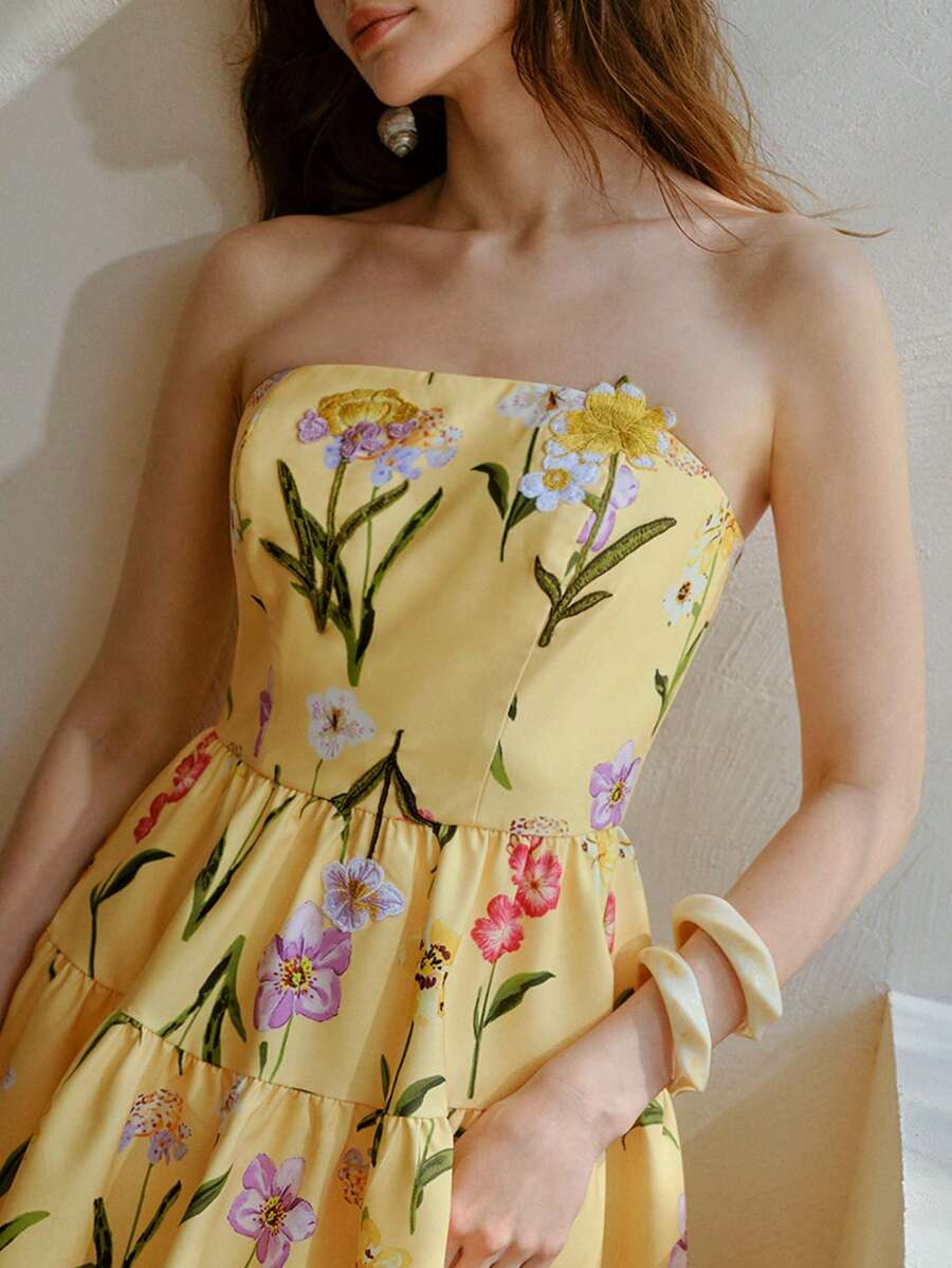 MOTF STUDIO EMBROIDERY RUFFLE HEM STRAPLESS DRESS - Yellow - View 2