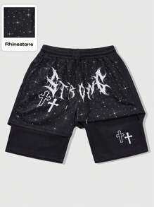 ROMWE MEN Goth 男士街头时尚二合一短裤，水钻英文字母图形印花设计，带有哥特式元素，万圣节