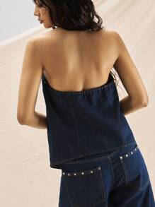 Easelle 海军蓝牛仔露背上衣，适合夏季西部牛仔女郎，适合夜间外出 - 藍色 - 查看 5