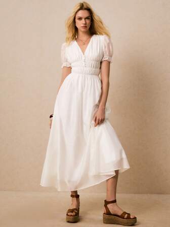 Poéselle 女式纯色V领优雅短袖连衣裙（夏季）