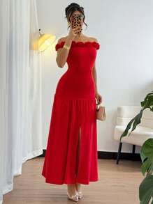 Chiquease 女士红色露肩紧身连衣裙，带有 3D 玫瑰花朵，性感侧开衩 - 紅色 - 查看 5