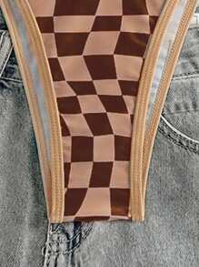 Swim Mod 2pcs Women Checkered Print Sexy Halterneck Bikini Set, Spring Break For Summer Beach Vacation - Multicolor - View 4