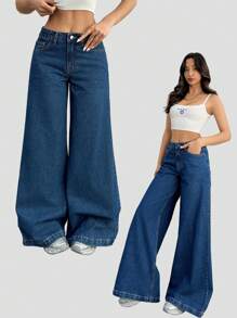 EURMUSE 女士低腰阔腿优雅款深蓝色牛仔裤 - 深色水洗藍 - 查看 1