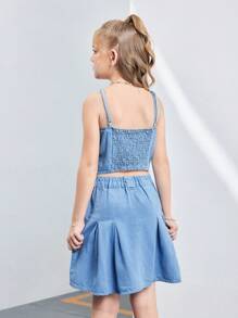 Tween Girls 2 件牛仔套装 - 浅蓝色牛仔吊带背心搭配粉色蝴蝶结和牛仔裙，时尚休闲风格，适合日常户外穿着 - 淺色水洗藍 - 查看 2