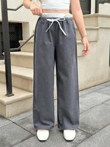 SHEIN Tween Girls' Loose Casual Contrast Striped Waistband Wide Leg Pants, Comfortable Mid-Rise - Black - View 6