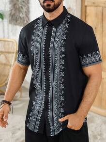 Manfinity RSRT Men's Geometric Print Grandad Collar Casual Short Sleeve Shirt Men Clothes Men Shirts Stylish Shirts For Men Men Hawian Style Shirts - Multicolor - View 3