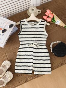 SHEIN Young Girls Casual Round Neck Stripe Jumpsuit, New Spring/Summer Collection