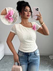Elenzga Women 3D Flower Decor Asymmetric Collar Short Sleeve T-Shirt, Summer