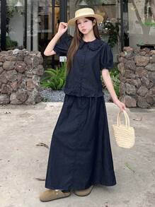 DAZY 女士休闲水洗泡泡袖衬衫和宽松牛仔裙两件套，返校服装 - 藍色 - 查看 2
