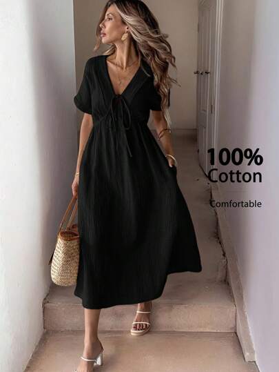 Easowa Black Bowknot Casual Midi Dress For Women,Boho Clothes Women
