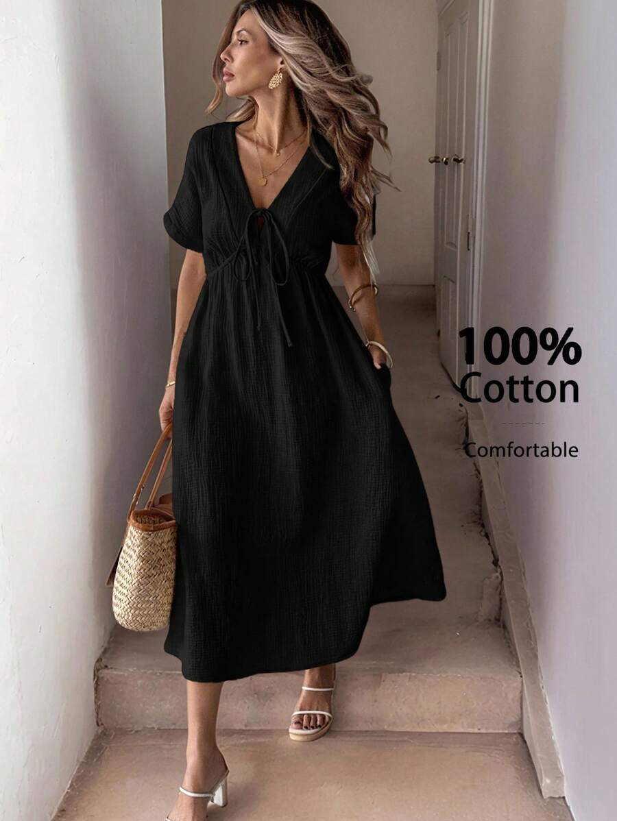 Easowa Black Bowknot Casual Midi Dress For Women,Boho Clothes Women - Black - View 1