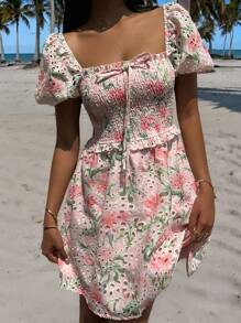 SHEIN EZwear Tea Party Dress Pink Short Romantic Embroidered Summer Dress Island Vacation Beach Dress - White - View 4