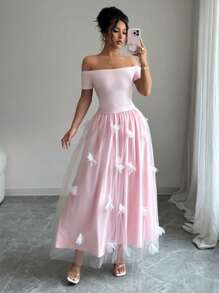 Selianne Standard Size Women Off Shoulder Solid Top + Floral Mesh Patchwork Skirt, 2pcs Elegant Set - Pink - View 3