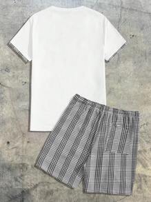 AXEPEAK Men Letter Graphic Short Sleeve Tee & Plaid Shorts Set, Vintage, Streetwear Edition - Multicolor - View 2