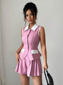 SHEIN Clasi 2pcs/Set Women Sleeveless Elegant Chiffon Top And Shorts/Skirt Suit - Pink - View 5