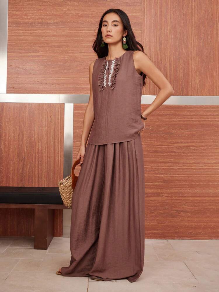 Loose Boho Vacation Linen Summer Floral Embroidery Pleated Hem Design Sense Vest And Wide Leg Pants 2 Pieces Set For Women Business Casual Woman