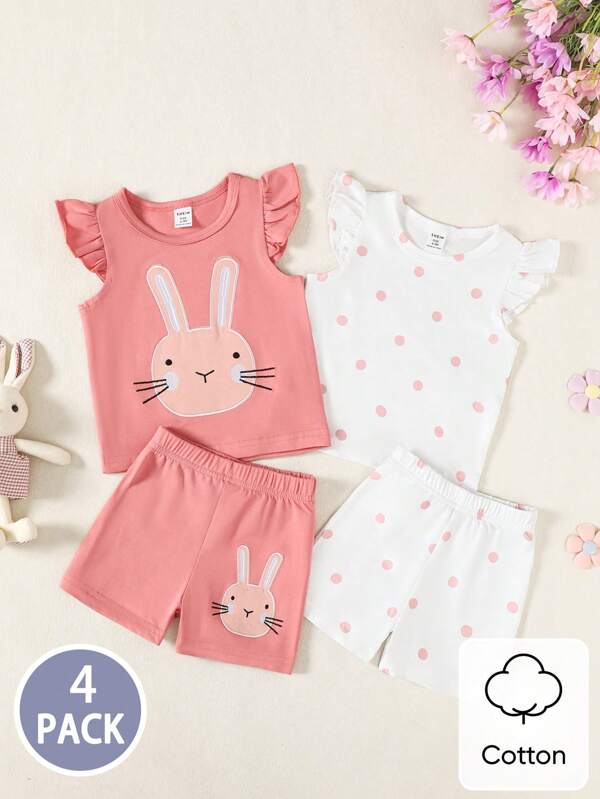 SHEIN Playful Pals Four-Piece Baby Girls Cute Easter Cartoon Bunny Pattern Polka Dot Print Cap Sleeve Short-Sleeved Top And Shorts Set, Suitable For Daily Home Wear Or, Suitable For Spring And Summer Seasons