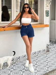 EURMUSE 100%Cotton Rigid, Elastic Band Detailed Shorts ,Petite Women - Medium Wash - View 5