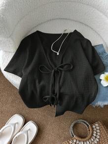 SHEIN LUNE Light Yellow Front Knot Crop Top T-Shirt For Women, Sexy Cute Casual Fashion