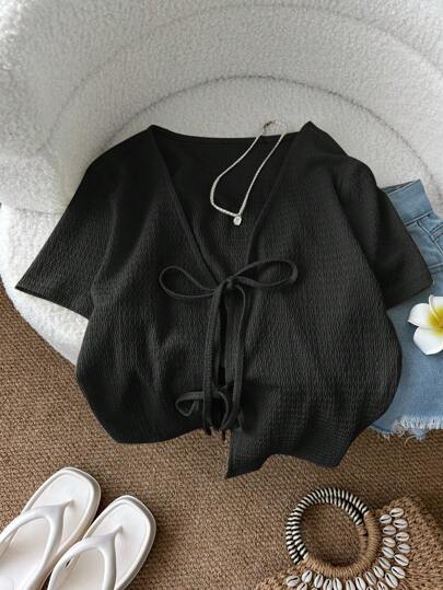 SHEIN LUNE 浅黄色系带针织露脐T恤，性感可爱时尚休闲款