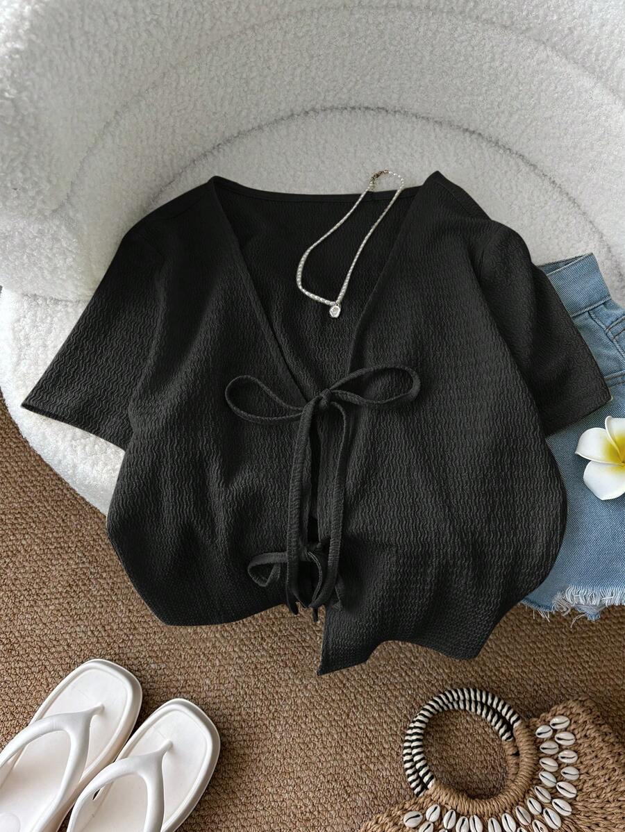 SHEIN LUNE Light Yellow Front Knot Crop Top T-Shirt For Women, Sexy Cute Casual Fashion