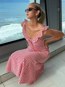 Strévra Rochie midi în carouri roșii pentru femei, cu bretele spaghete, model coadă de pește, ținute de plajă, haine pentru întoarcerea la școală
