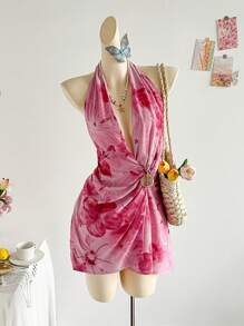 Soleia Pakaian Pantai untuk Wanita, Gaun Musim Panas untuk Liburan, Gaun Mini Wanita Motif Tie Dye Warna-warni, Gaun Mini Model Wrap dengan Belahan Dada Dalam dan Dekorasi Kerang, Punggung Terbuka, dan Pita Berkerut - MultiWarna - View 4