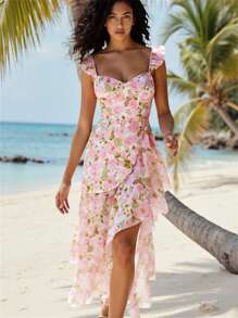 Glamine Abito floreale elegante e romantico da donna con scollo a V, rouches e orlo asimmetrico, adatto per le vacanze in rosa - Rosa - Visualizzare 5