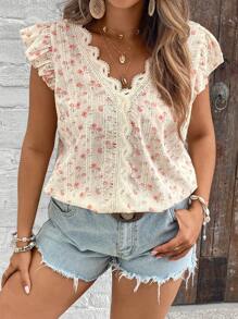 SHEIN VCAY Blouse casual à manches volantées en dentelle à imprimé floral éparpillé pour femmes en grande taille - Multicolore - Voir 7