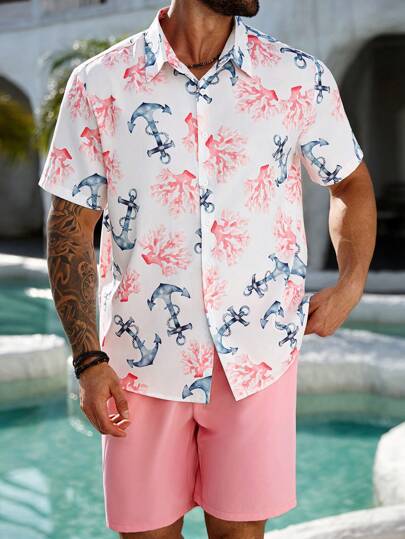 Manfinity RSRT Plus Size Men All-Over Print Short Sleeve Shirt And Solid Color Shorts Set