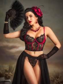 SHEIN Women's Lace Splice Underwire Sexy Bra - Black - View 4