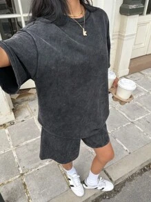 SHEIN Muchic Bộ 2 áo thun và quần short dệt kim màu đen giản dị mùa hè cho nữ - màu đen - Xem 3