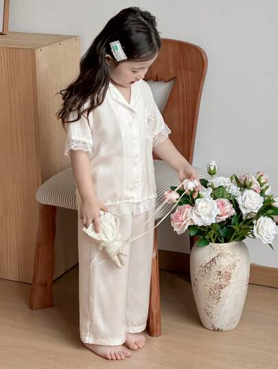 Dazy Kids Young Girl Solid Color Contrast Lace Lapel Collar Drop Shoulder Loose Shirt And Long Pants Pajama Set,Girls Summer Outfits