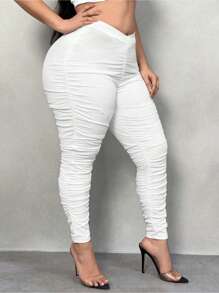SHEIN SXY Plus Size Sexy White Solid Ruched Leggings - White - View 3