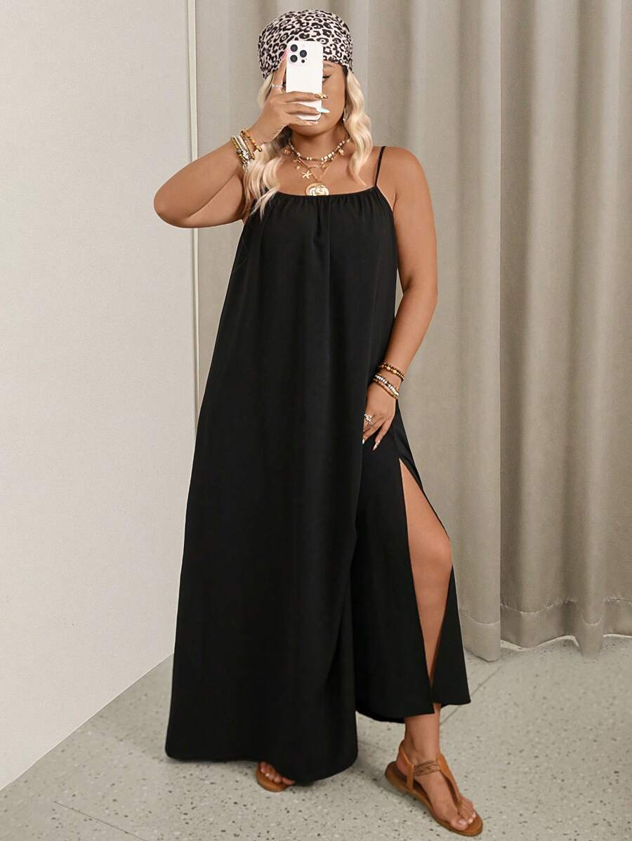 SHEIN VCAY Plus Size Solid Color Spaghetti Strap Dress, Fashion Suitable For Summer - Black - View 1