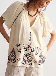 Bohemela Blusa informal de manga corta, holgada, de tejido liso con bordado para mujeres - Albaricoque - Ver 4