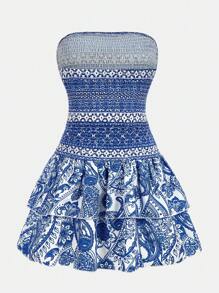Tween Girls' Casual Vacation Blue & White Printed Layered Ruffle Hem Dress - Blue and White - View 2
