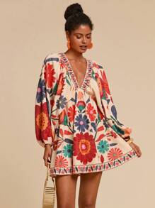 Travachic 女士花卉印花 V 领长袖迷你雪纺连衣裙，适合度假、度假风格、编织图案印花、女士休闲夏季度假服装、波西米亚海滩度假服装、波西米亚风时尚、节日服装、女士海滩服装、女士夏季服装、毕业服装、女士生日服装、海滩必需品、女士机场服装、T Ea 派对礼服、生日礼服、夏季太阳裙、欧洲夏季、波西米亚风女装、女士优雅连衣裙 - 彩色 - 查看 7