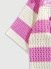 ROMWE MEN Casual Men's Preppy Loose Drop Shoulder Hollow Stripe Single-Breasted Knit Vacation Sweater - Pink - View 5