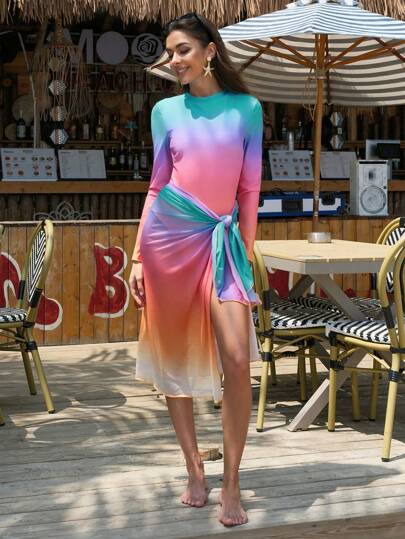 Swim Shayni Conjunto de traje de baño de 1 pieza para mujer con estampado degradado aleatorio de cuello redondo, manga larga y cremallera en la espalda + falda de playa estampada, para vacaciones de verano en la playa