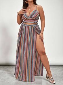 SHEIN VCAY Plus Striped & Chevron Print Cami Top & Split Thigh Skirt Spring Summer Women Clothing - Multicolor - View 4