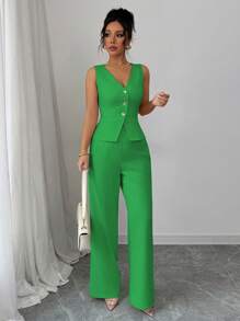 SHEIN Tall 1 conjunto de chaleco sin mangas y pantalón elegante para mujeres, estilo de negocios y viaje, para el verano - Verde - Ver 6